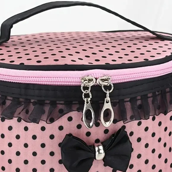 🆕️EXTRA LARGE VINTAGE PINK & BLACK POLKA DOT ZIPPERED COSMETIC BAG WITH POCKETS - Picture 5 of 17